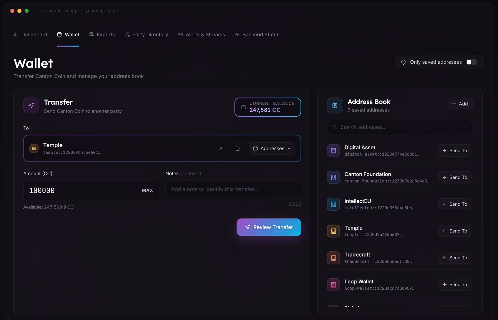 Noves Data App built-in wallet view for sending Canton Coin